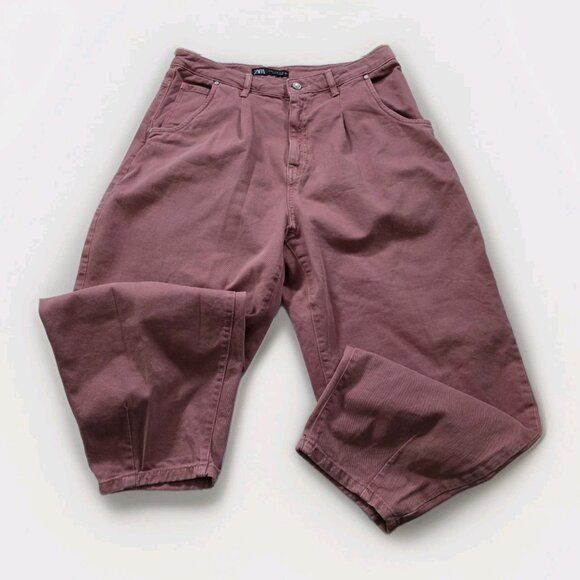 Zara Denim Pants Womens 10 Coral Barrel Leg Cotton Slouchy Marsala Boho Hippie - Picture 10 of 16